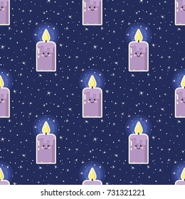 Cartoon candle with funny face on dark background with stars, seamless pattern, flat design