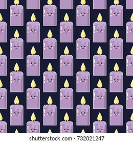 Cartoon candle with funny face on dark background with stars, seamless pattern, flat design