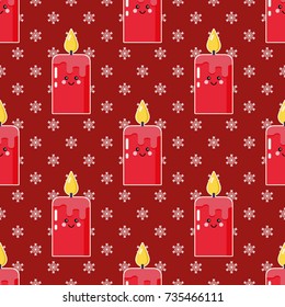 Cartoon candle with funny face and snowflakes, seamless pattern, flat design