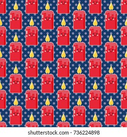 Cartoon candle with funny face and snowflakes, seamless pattern, flat design, polka-dot background
