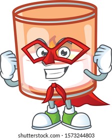 A cartoon of candle in glass wearing costume of Super hero