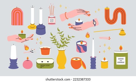 Cartoon candle set. Various wax scented candlelight elements, hand drawn decorative candle jar snuffer candlestick. Vector art