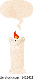 cartoon candle with speech bubble in grunge distressed retro textured style