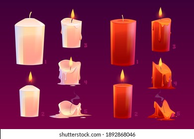 Cartoon candles burning motion sequence animation glowing and extinct lights with melted wax. Elements for spa, holidays, new year or christmas card and romantic date, isolated vector illustration set