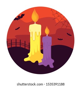 cartoon of candles with icons in scene halloween vector illustration design