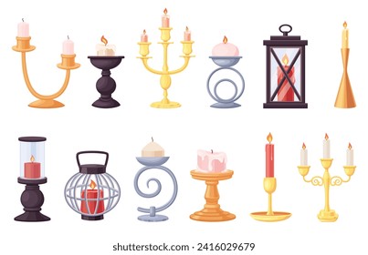 Cartoon candlestick set. Candle holders with burning candles. Modern and vintage lantern, daily and festive house decoration lights nowaday vector clipart