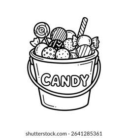Cartoon candy bucket full of sweets and treats labeled 'Candy', ideal for Halloween themes on white with png file.