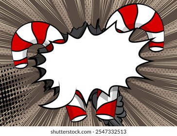 Cartoon Candy cane with blank speech bubble, comic book Dessert background. Retro vector comics pop art design.