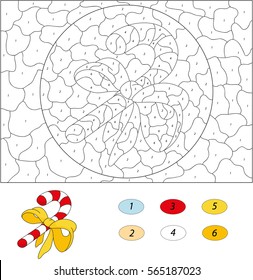 Cartoon candy cane. Color by number educational game for kids. Illustration for schoolchild and preschool