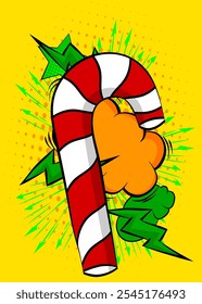 Cartoon Candy cane, comic book Holiday dessert. Retro vector comics pop art design.