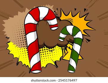 Cartoon Candy cane, comic book Holiday dessert. Retro vector comics pop art design.