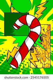 Cartoon Candy cane, comic book Holiday dessert. Retro vector comics pop art design.