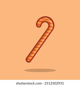 Cartoon candy cane with orange and brown stripes on a light orange background. Perfect for Christmas designs, festive decor, and holiday illustrations.