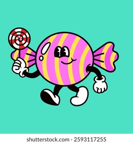 Cartoon candy character with pink and yellow stripes, holding a lollipop. Cute candy design with playful candy theme on a teal background. Vector illustration.