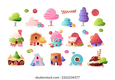 Cartoon candy city set. Fairytale houses with sweet trees bushes lollipops, cute kids fantasy fairy town with decorative sugar elements. Vector collection. Delicious confectionery, childish buildings