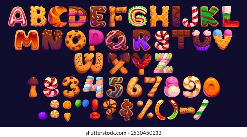 Caramelo de la historieta y alfabeto de la confitería de la tipografía de los dulces y fuente del lollypop, tipo de galleta del chocolate del Vector. Letras de fuente de la pastelería de la historieta con los postres de la panadería y los dulces de la confitería en forma del tipo de ABC