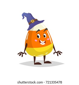 Cartoon candy corn costumed character. Mascot in witch hat. Halloween humanized sweet symbol for party poster and decoration.