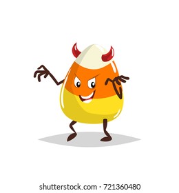 Cartoon candy corn devil costumed character. Halloween humanized sweet symbol for party poster and decoration.