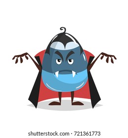 Cartoon candy corn vampire costumed character. Dracula suit. Halloween humanized sweet symbol for party poster and decoration.