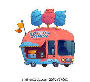 Cartoon candy cotton street food truck, vintage festival foodtruck van. Vector mobile vending retro vehicle features serving window and equipment, cooking sweet treat for outdoor funfair entertainment