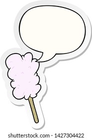 caricatura de caramelos flotando sobre un palo con pegatina de burbuja de habla