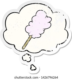 cartoon candy floss with thought bubble as a distressed worn sticker