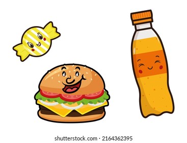 Cartoon candy, hamburger and soda juice with face isolated on white background. Vector illustration of happy cartoon food