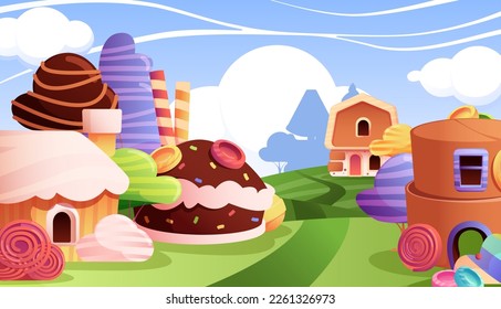 Cartoon candy house background. Sweet fairy buildings of cookies and candy, fantasy fairytale landscape with cake buildings sugar trees. Vector background. Childish town with delicious homes