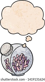 cartoon candy in jar with thought bubble in grunge texture style