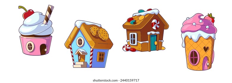 Cartoon candy land sweet house for fantasy game in vector. Cake and chocolate building set isolated on background. Cute gingerbread fairy tale home for dream city. Fantastic sugar town ui object