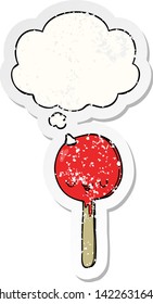 caricatura de caramelos lollipop con burbuja de pensamiento como pegatina gastada angustiada