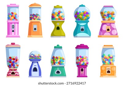 Máquina de doces de desenho animado. Máquinas de venda automática com gomas e doces coloridos. Doces em dispensador de vidro para escritório, shopping, lojas, crianças zonas, conjunto de vetor sapid