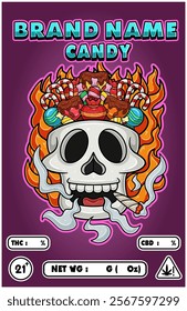 Cartoon Candy on Skull Head Smoking And Burning Fire Backgrounds. For Product Packaging Cover. Vectors Illustrations