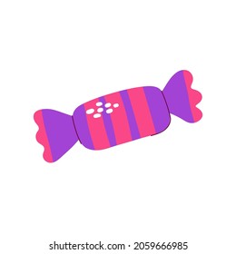Cartoon candy on white background. Hand-drawn cute dessert. Color festive sweet, chocolate, lollipop. Trick or treat sign. Wrapped caramel. A bonbon in striped wrapper. Vector kawaii food illustration