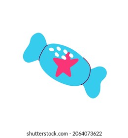 Cartoon candy on white background. Hand-drawn cute dessert. Color festive sweet, chocolate, lollipop. Trick or treat sign. Wrapped caramel. A bonbon wrapper with star. Vector kawaii food illustration