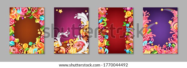Cartoon candy posters.
Background templates with sweets and desserts for kids, chocolate
and caramel cakes lollipops and cookies. Vector template colourful
banner set