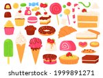 Cartoon candy and sweets. Cupcakes, ice cream, lollipops, chocolate and jelly candies, biscuit pastries and cakes. Confectionery vector set of cupcake dessert, food donut delicious illustration