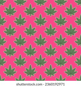 Caricatura Patrón de hojas de cannabis sin foco sobre fondo rosa