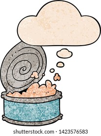 cartoon canned fish with thought bubble in grunge texture style