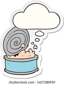cartoon canned fish with thought bubble as a printed sticker