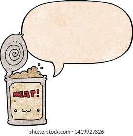cartoon canned food with speech bubble in retro texture style
