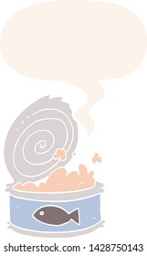 cartoon canned food with speech bubble in retro style