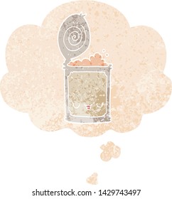 cartoon canned food with thought bubble in grunge distressed retro textured style