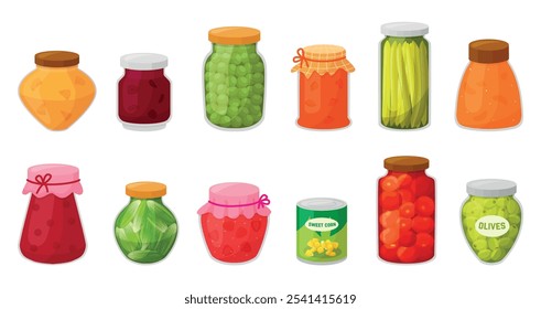 Comida enlatada de dibujos animados. Conservas de verduras, tarros de vidrio de compota de mermelada casera. Tomates encurtidos aceitunas maíz frutas Vector neoterico Clipart