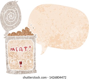 cartoon canned meat with speech bubble in grunge distressed retro textured style