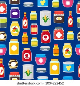 Cartoon Canned, Preserve and Jar Food Seamless Pattern Background on a Blue Conserve Concept Flat Design Style . Vector illustration of Can Nutrition