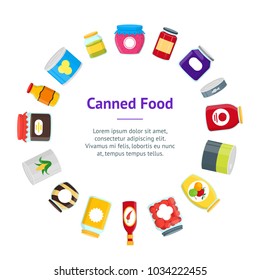 Cartoon Canned, Preserve and Jar Food Banner Card Circle Conserve Concept Flat Design Style . Vector illustration of Can Nutrition
