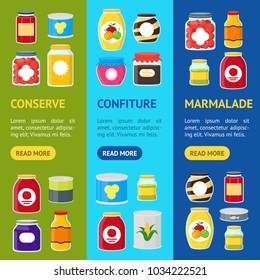 Cartoon Canned, Preserve and Jar Food Banner Vecrtical Set Conserve Concept Flat Design Style . Vector illustration of Can Nutrition
