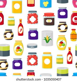 Cartoon Canned, Preserve and Jar Food Seamless Pattern Background on a White Conserve Concept Flat Design Style . Vector illustration of Can Nutrition