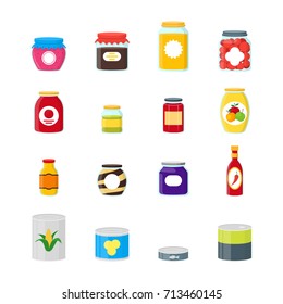 Cartoon Canned, Preserve And Jar Food Color Icons Set Conserve Concept Flat Design Style . Vector Illustration Of Can Nutrition